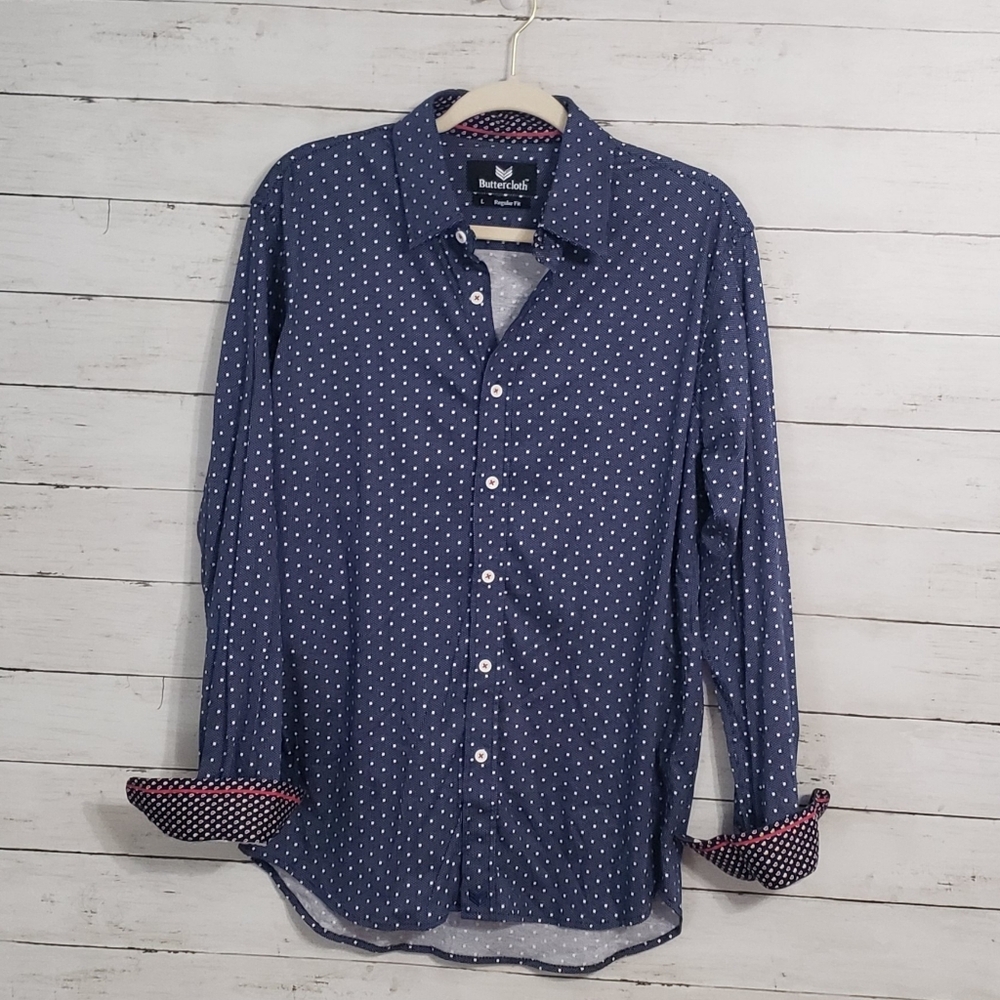 Men's Buttercloth Blue Polka Dot Casual Large Shirt Stretch Non Wrinkle Career